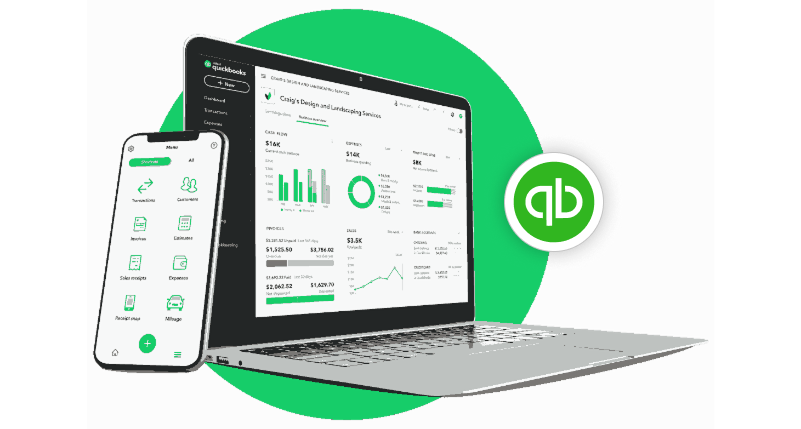 QuickBooks dashboard on a laptop and phone